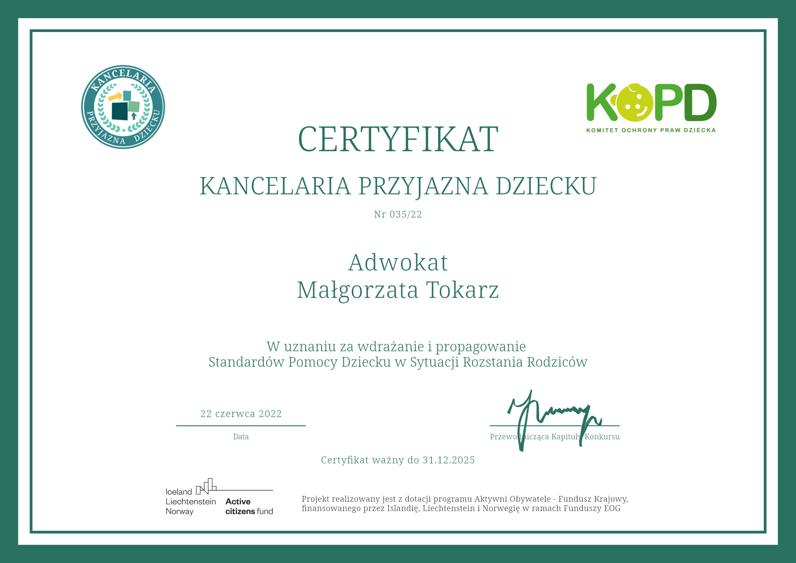 Certyfikat „Kancelaria Przyjazna Dziecku” KOPD  – Adwokat prawo rodzinne w Krakowie